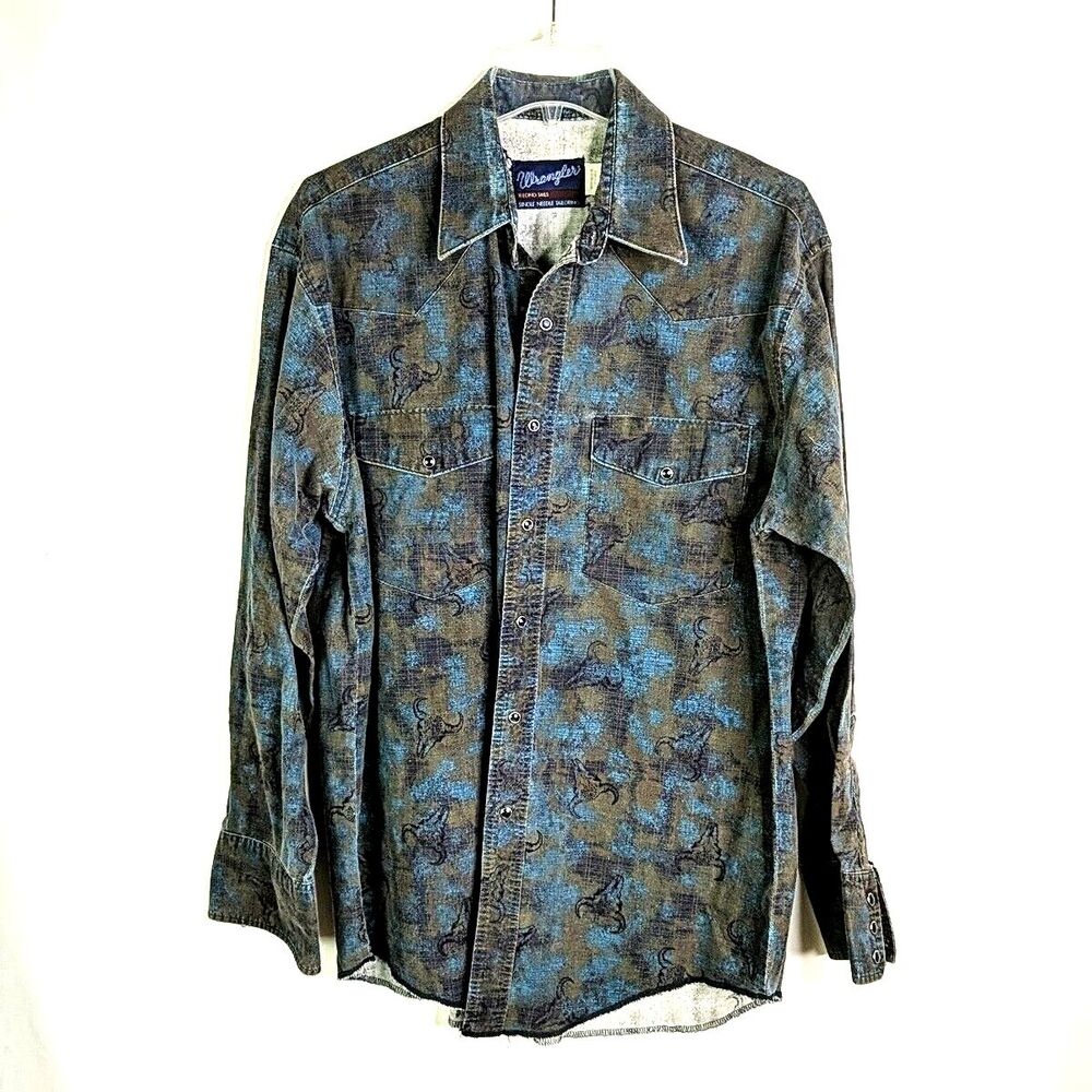 Wrangler Western Blue Snap Shirt XL Tails Men Size 16.5 Large Texas Longhorn VTG